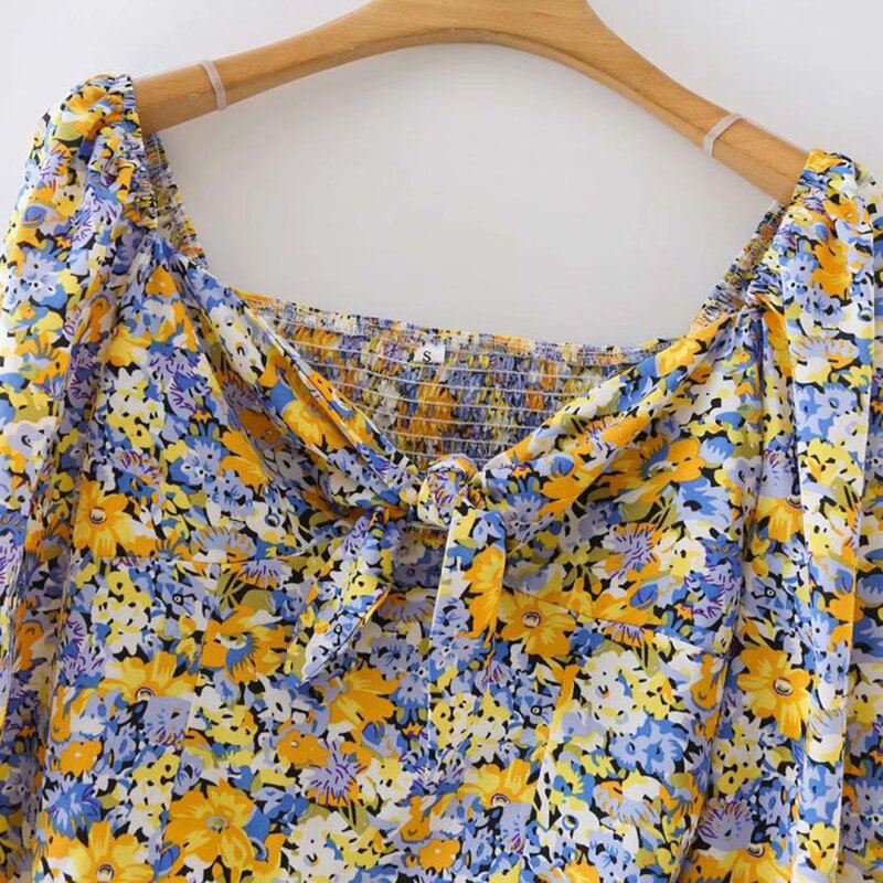 Odzież damska w stylu zachodnim jesienna modna koszula w kwiaty wiązana koszula pastoralna krótka bluzka damska typu Streetwear z długim rękawem