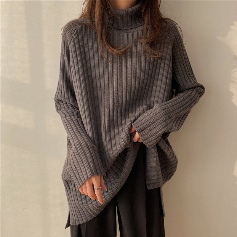 Suéter grueso de cuello alto para mujer, ropa de abrigo de punto ajustada holgada para estudiantes, suéter de cuello alto Harajuku 2021