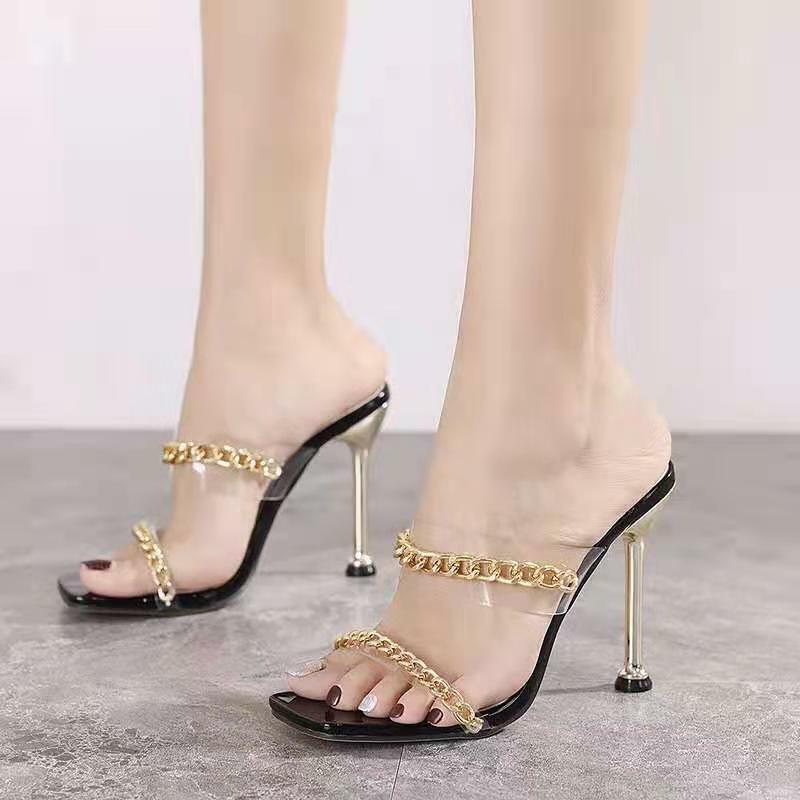 Model Aksia Summer Ladies Sandals Square Toe Ladies High Heels Muller Transparent High Heels Slippers Women Fashion Shoes Women
