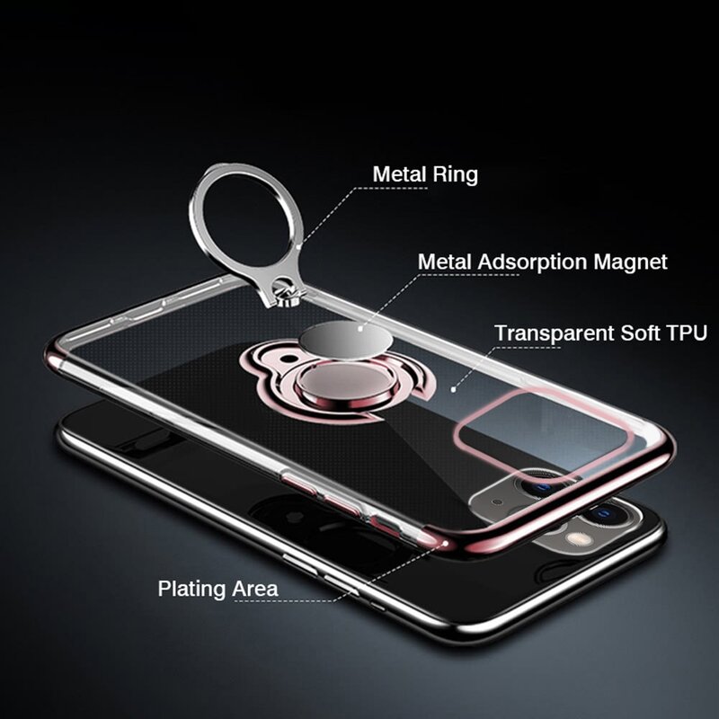 Stoßfest Telefon Fall für IPhone 11 Pro Xs Max Xr X 7 8 Plus 6 6s SE 2020 12 mini Slim Einstellbar Ring Halter Klar Soft Cover