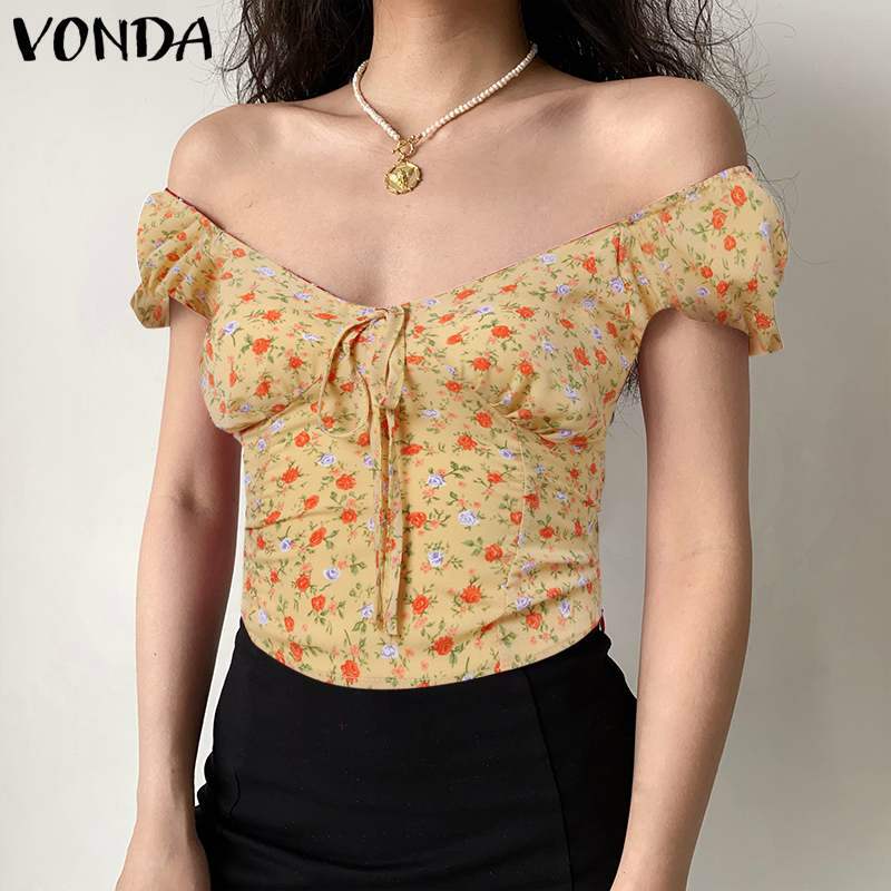 Topy w kwiaty 2021 VONDA kobiety nadruk w stylu Vintage bluzka bufiaste rękawy koszule z krótkim rękawem Femme czeski Top Blusas Oversized