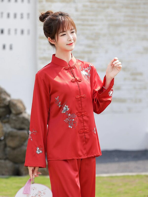 Oriental silk ethnic style suit spring and autumn classic embroidery girls stand-up collar Chinese disc button long-sleeved trou