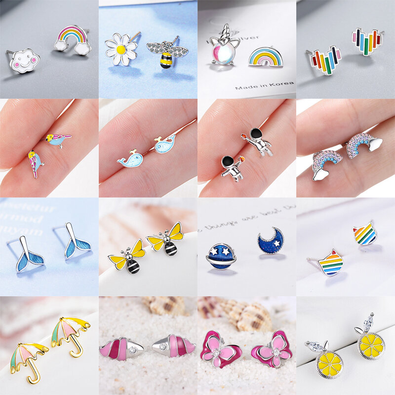 FENGLI — Boucles d'oreilles à la mode pour femmes et enfants, adorables bijoux multicolores, couleur argent, arc-en-ciel, motif de dessin animé, cadeau pour vos filles, 2019