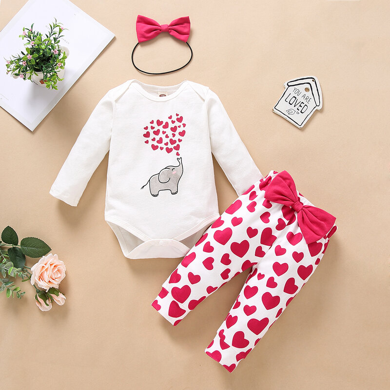 0-18M Autumn Spring Newborn Infant Baby Girl Clothes Set Heart Elephant Print Romper Bow Pants Valentine's Day Outfits