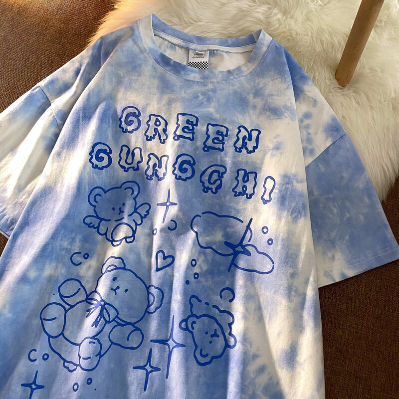 Letnia damska koszulka z krótkim rękawem w stylu vintage damska harajuku Streetwear Y2k Top tie-dye ponadgabarytowe koszulki list drukuj ubrania
