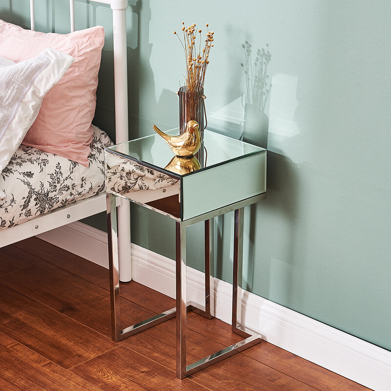 Panana-mesa de cabeceira espelhada de vidro, móvel para quarto, gaveta, pernas cromadas, sala de estar