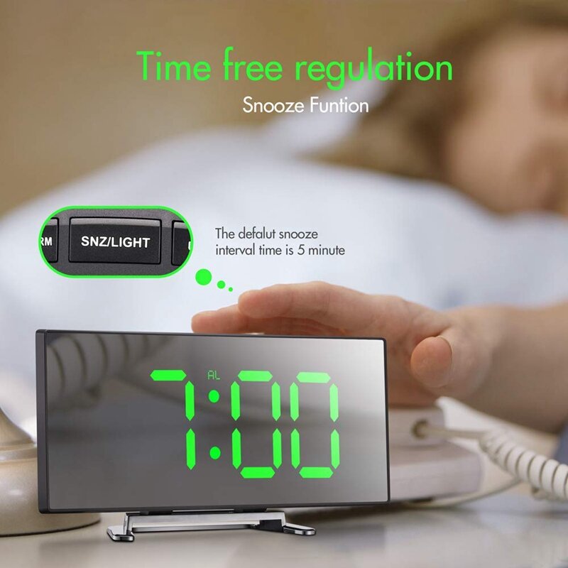 Relógio despertador digital, 7 partes ajustáveis, led, sn, quarto infantil, relógio verde com números grandes, leve sma