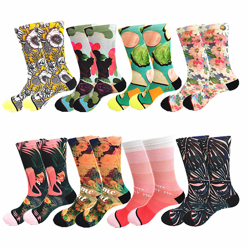 Красочные женские носки с принтом и окрашиванием, на весну и осень, носки-трубы с цветами и фруктами, буквами, выглядят дудудуд, высокое качество