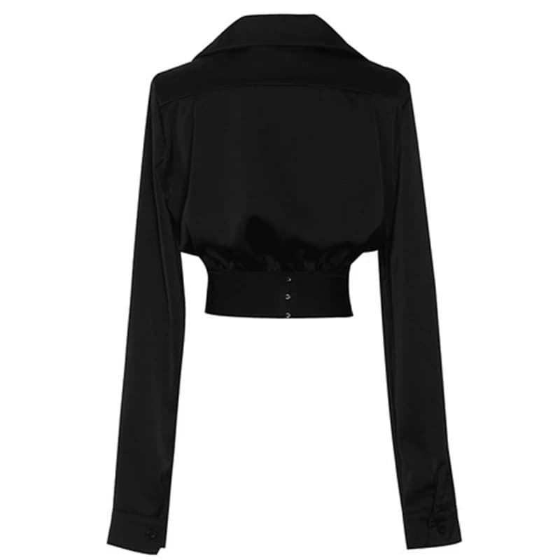 Wąska talia czarna koszula dla kobiet seksowna koszulka z długim rękawkiem w krzyżyki biustonosz z głębokim dekoltem V kołnierzyk wąska krótka koszula
