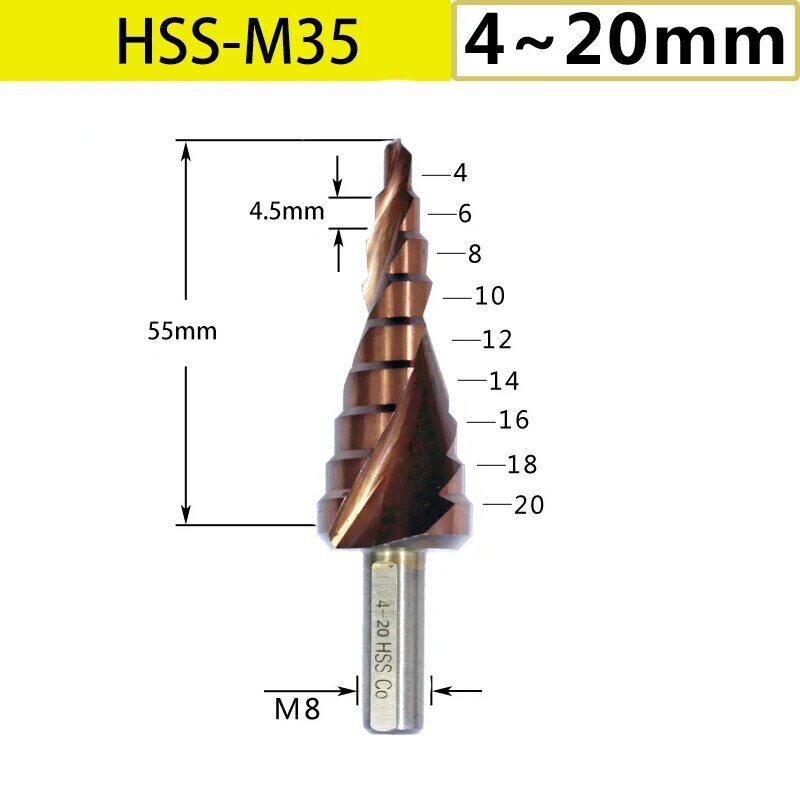 4-20mm Pagoda Shape Step Drill Bit HSS-CO/M35 Cone Cutting Tools Steel Woodworking Metal Drilling Set