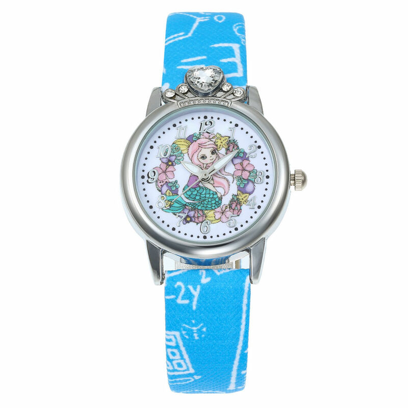 Baru Kartun Anak Putri Duyung Fashion Gadis Anak Pelajar Berlian Leather Analog Jam Tangan Merah Muda Yang Indah Wreath Watch Reloj