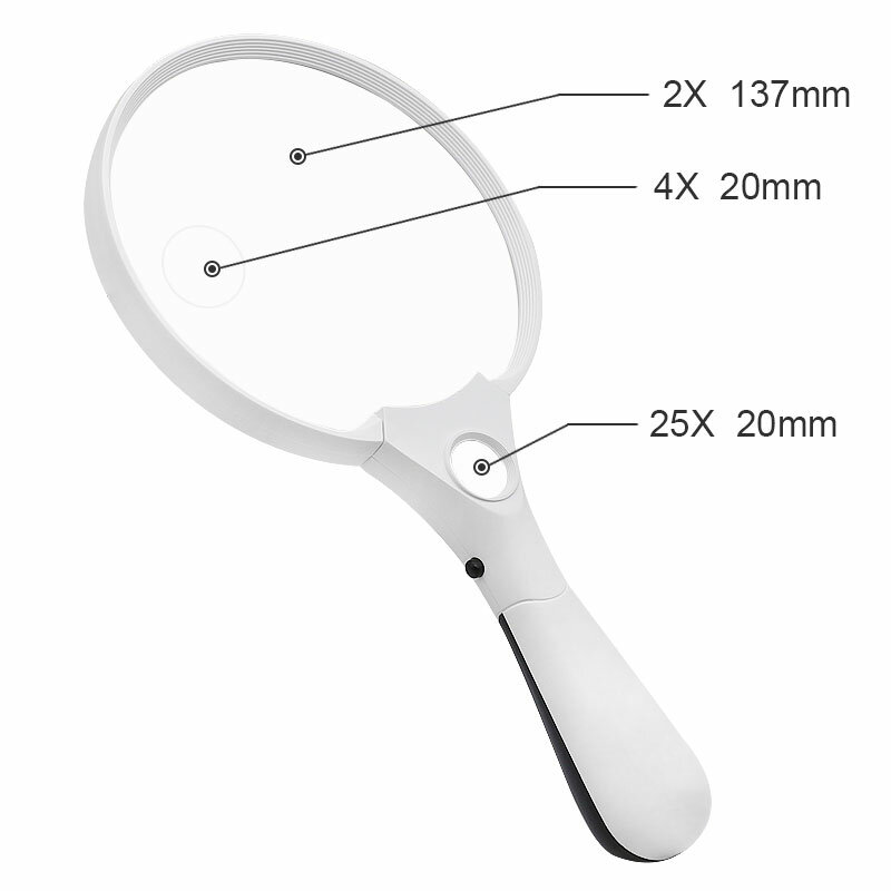 2X 4X 25X Handheld Magnifier 137mm Large Size Handle Magnifying Glass Illuminated by LED Lights for Reading Collection Studying