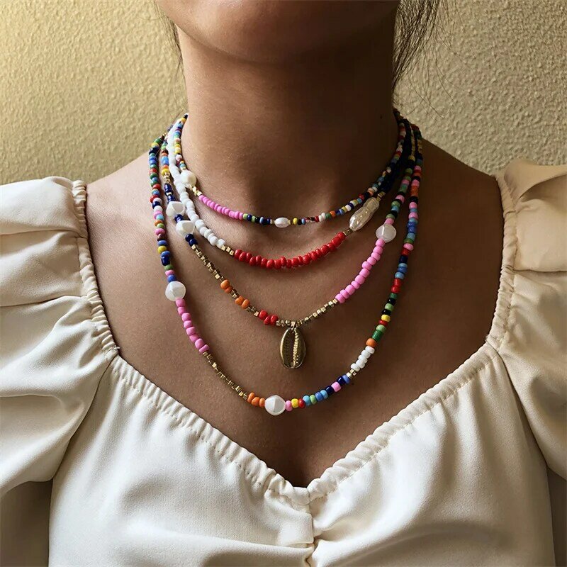 Warna-warni Bohemia Kalung Multilapis untuk Anak Perempuan Wanita Manik-manik Beras Hadiah Buatan Tangan Perhiasan Mode Liontin Kalung