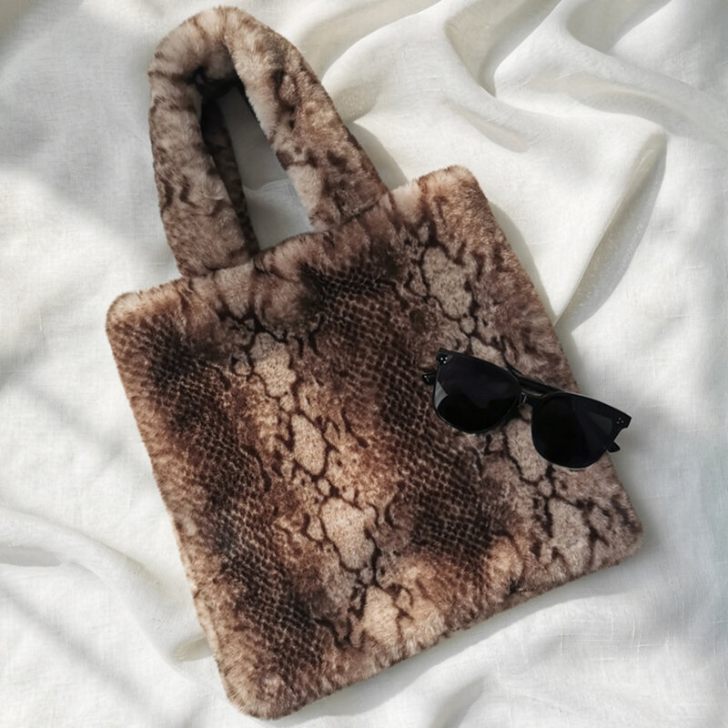 แฟชั่นงูFaux Fur Toteกระเป๋าสะพายงูรูปแบบSoft Plushกระเป๋าถือผู้หญิงสัตว์พิมพ์กระเป๋าผู้หญิง2021