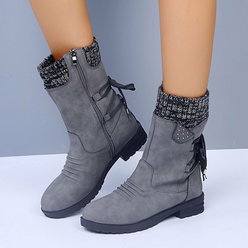 2022 겨울 여성 Mid-Calf 부츠 패션 스웨이드 스노우 부츠 레트로 지퍼 웜 부츠 여성 신발 Low-heeled Boots Botas Mujer