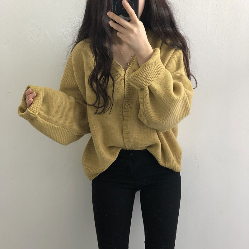 Fashion 2021 Retro Warm Knitted Jacket Cardigan Sweater Women Loose Black Long-sleeve Single-breasted V-neck Thick Sweater Top