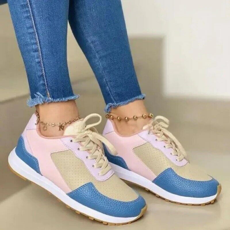 Autumn New Products Women's Fashion PU Leather Color Matching Lace Up Casual Sports Shoes Comfortable Hot Women's Shoes KP166