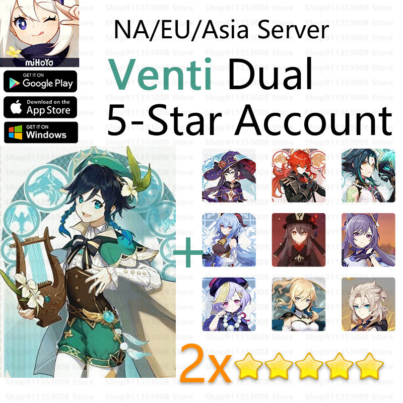 Genshin Impact Venti Dual 5 Star บัญชี2 5-Star ตัวอักษร Mona Qiqi Jean Keqing Xiao Albedo Ganyu Hutao NA/EU/Asia Server
