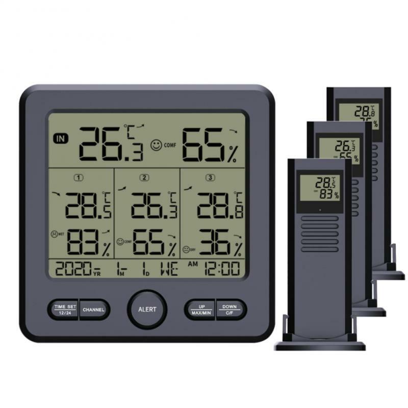 Lcd eletrônico digital medidor de umidade temperatura termômetro higrômetro estação meteorológica ao ar livre indoor relógio com 3pcs sensores