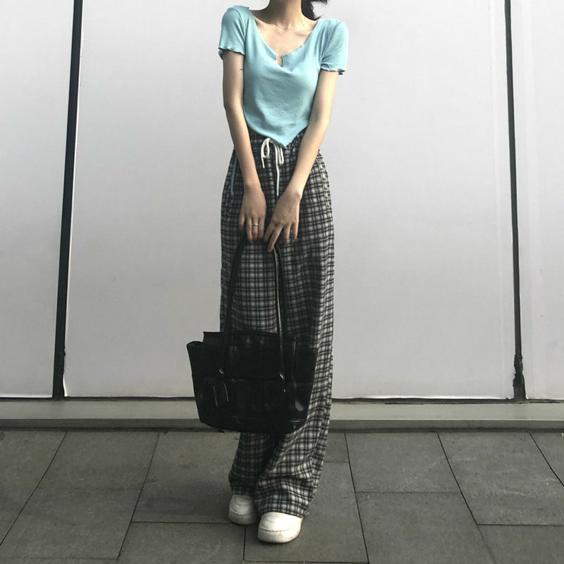 Pantalones de cuadros Harajuku para mujer, pijamas de pierna ancha de gran tamaño, de cintura alta, estilo coreano, a cuadros, pantalones de pierna ancha, Primavera/Verano 2021