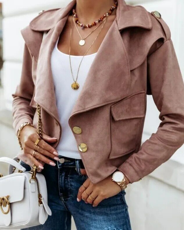 Fall/winter new style lapel slim solid color short coat casual women's small coat