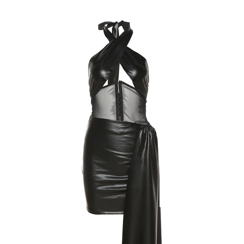 Saia preta e conjunto de 3 peças conjunto feminino pendurar pescoço estilo sexy malha falso couro vestidos de festa moda feminina terno verão 2021