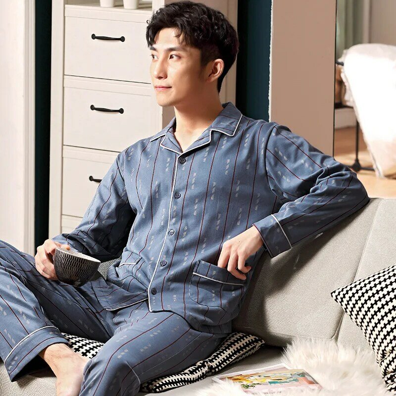 Listra masculina pijamas manga longa algodão primavera e outono cardigan pijamas masculinos elegante plus size terno doméstico masculino juventude