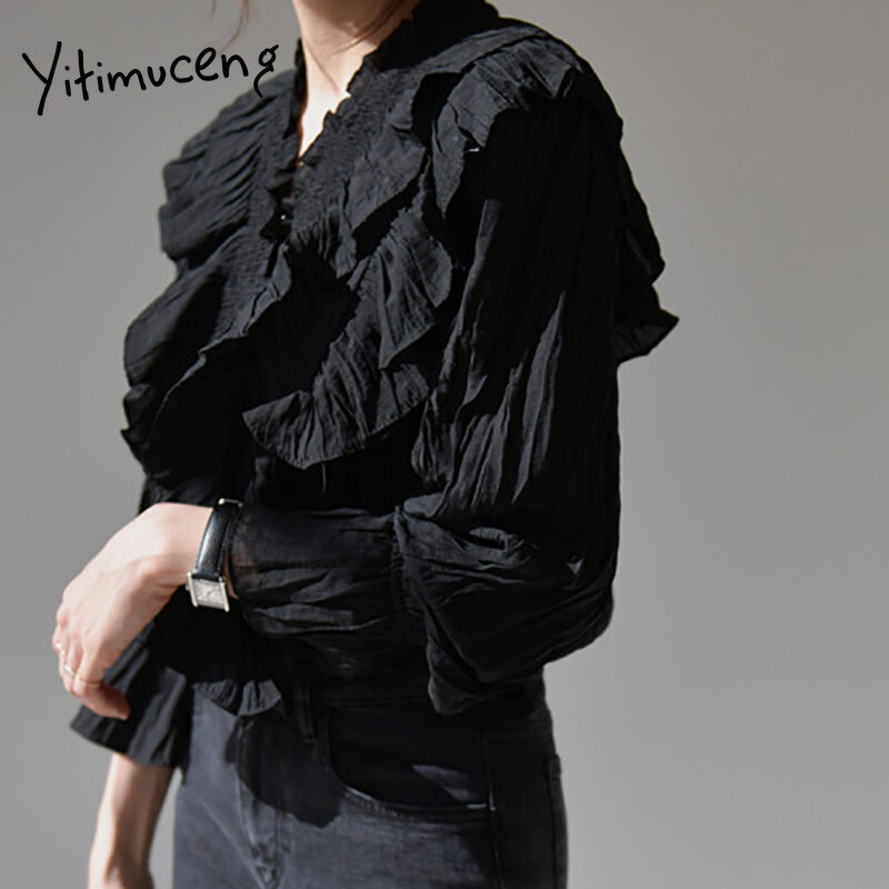 Yitimuceng ruched blusa feminina babados senhora do escritório camisas alargamento manga preto damasco 2021 primavera verão moda nova topos