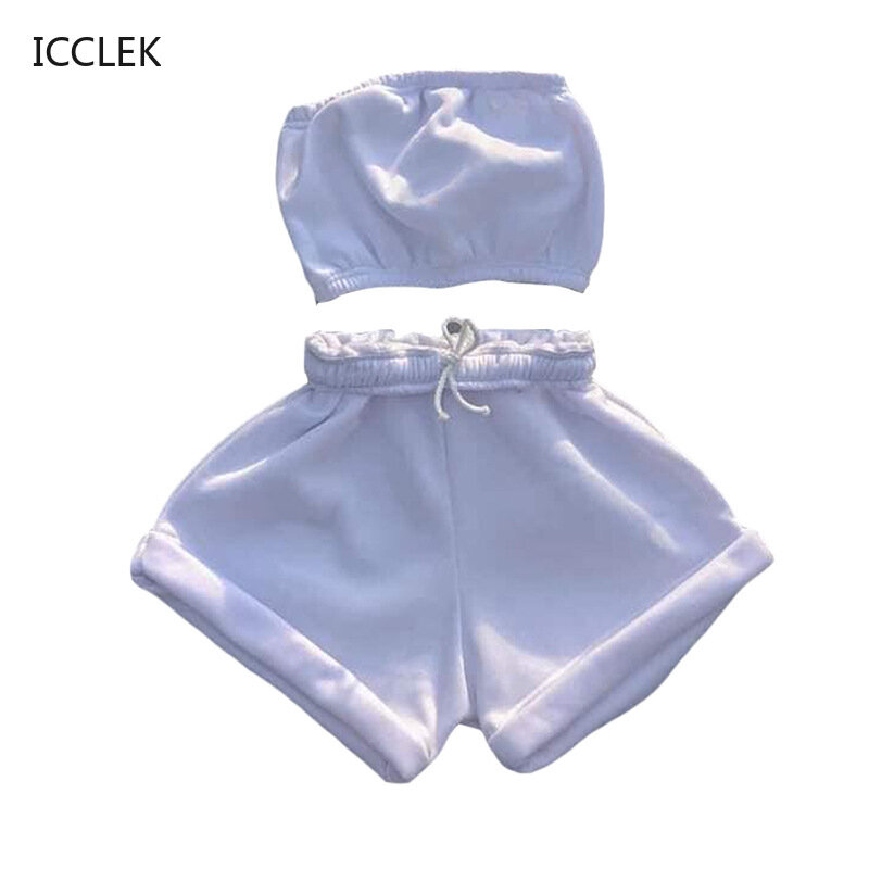 Icclek casual algodão roupas esportivas conjuntos de duas peças feminino sem mangas topo + cordão elástico shorts conjunto de correspondência athleisure
