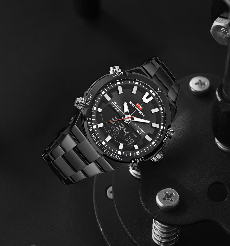 Relógio de pulso masculino com mostrador duplo, relógio analógico digital esportivo de aço inoxidável com cronógrafo e display duplo, novo, 2020