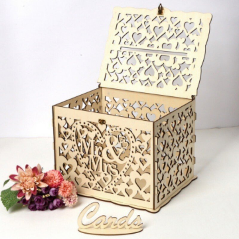 Novo estilo venda quente de madeira diy suprimentos de casamento caixa de cartão de visita personalizado assinar caixa de cartão de casamento de madeira-jm01319 pequeno