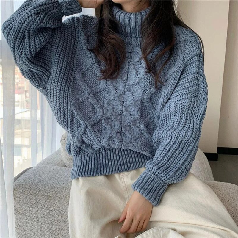 2021 Autumn And Winter Women Clothes New Loose Turtleneck Hemp Flower Solid Color Knitted Sweater Pullover Female Top Casual