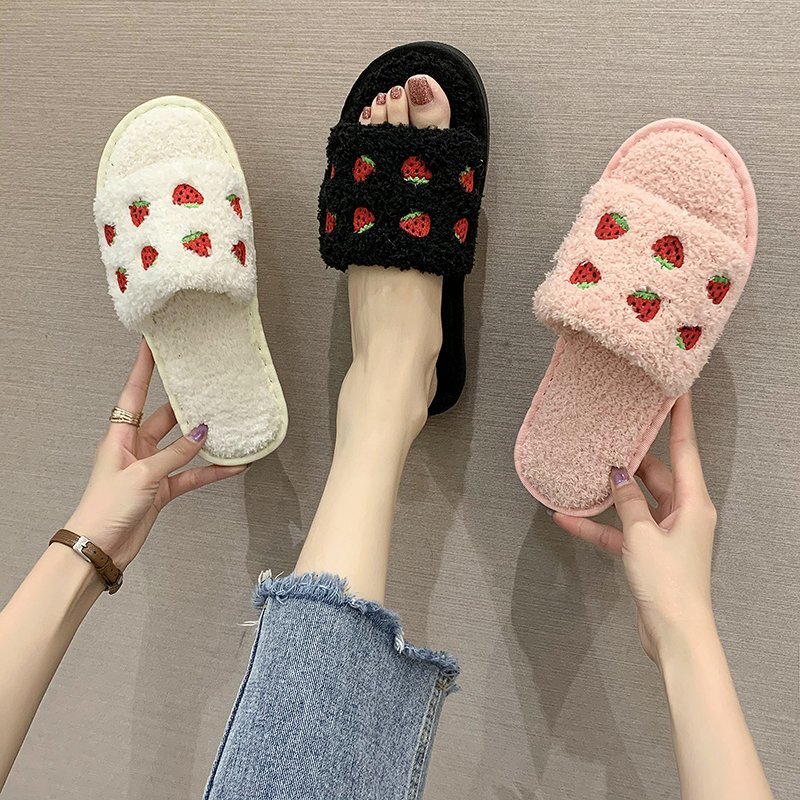 Women Furry Slides Slippers Rhinestone Sandals Plush Cute Kawaii Designer Female Slippers Peep-Toe Platform Shoe