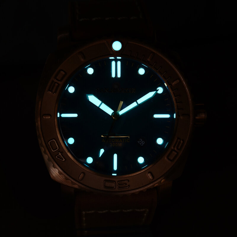 San Martin 44mm zegarek do nurkowania Vintage CuSn8 brąz PT5000 SW200 luksusowe męskie automatyczne zegarki mechaniczne Sapphire 30 Bar świecące