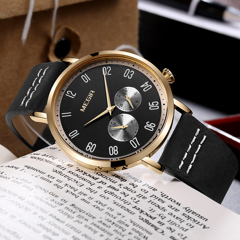 العلامة التجارية الفاخرة MEGIR الرجال الذهب الأسود الساعات الجلدية الإبداعية الطلب كوارتز ساعة الذكور 24 ساعة عرض مقاوم للماء تاريخ ساعة اليد