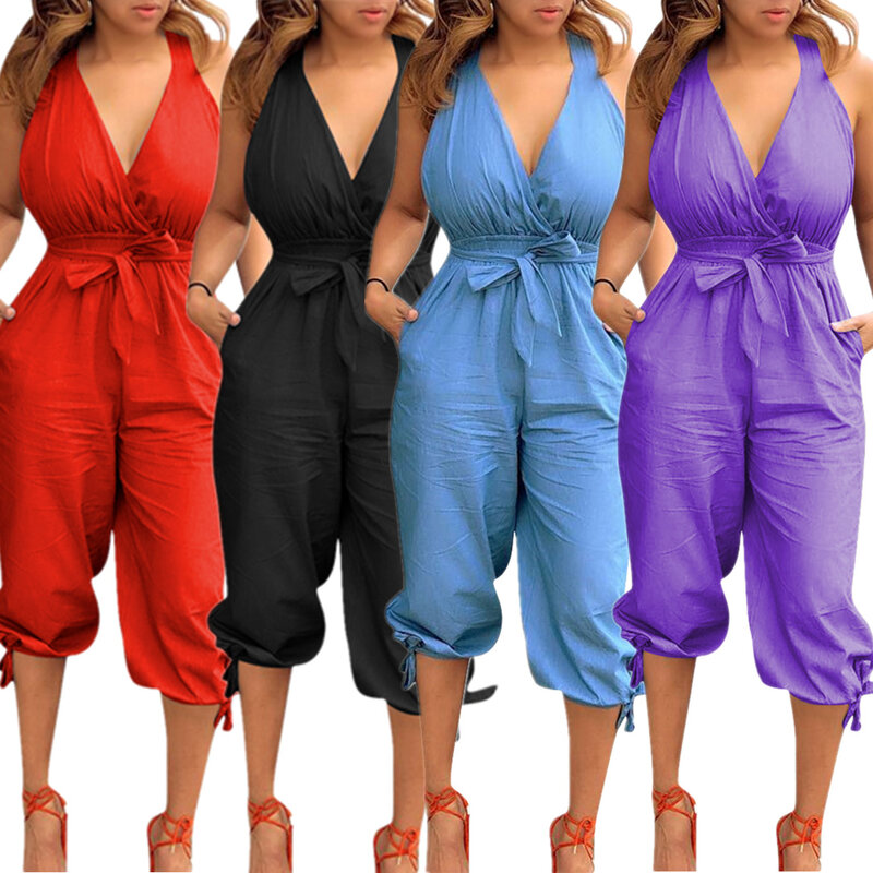 Summer Sexy Rompers Women Jumpsuit V-neck Backless Bandage Overalls for Women Solid Color Sleeveless Female Outfits