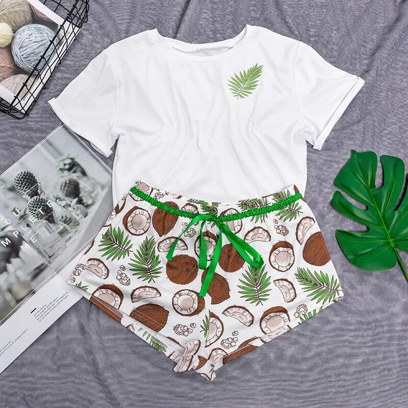 Suphis – pyjama imprimé noix de coco pour femmes, Short et t-shirt à manches courtes, col rond, Sexy