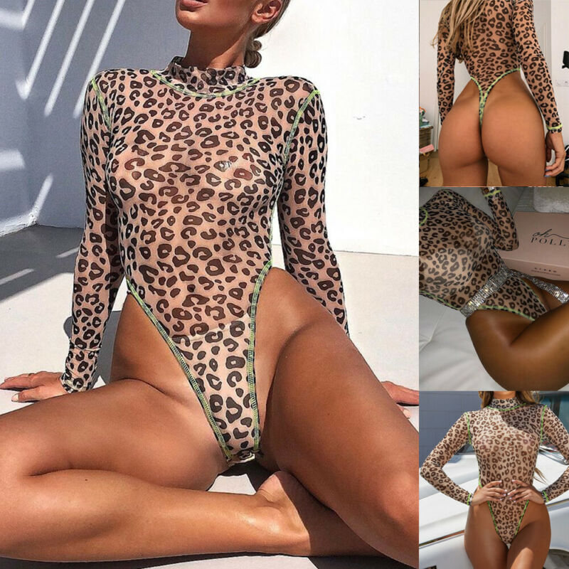 Sexy Women Leopard Printed Bodysuit High Cut Leotard Thong Clubwear Jumpsuit Romper Tops Lady Stretch Bodysuit Tops Blouse Hot