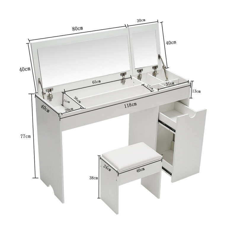 2 Large Flip Mirrors Dressing Table With Stool Jewelry Storage Grids 1 Pulling Cabinet White Can Be Home Office Table