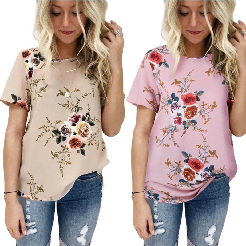 2020 lato dorywczo stylowe kobiety dorywczo kwiatowy Print krótki rękaw szyfonu koszule O-Neck topy moda S M L XL XXL XXXL!