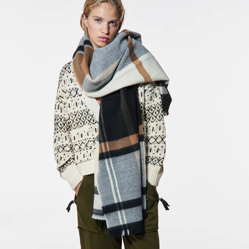 Moda inverno de lã macio xadrez engrossado lenço feminino neckerchief imitação cashmere luxo quente longo casal xale