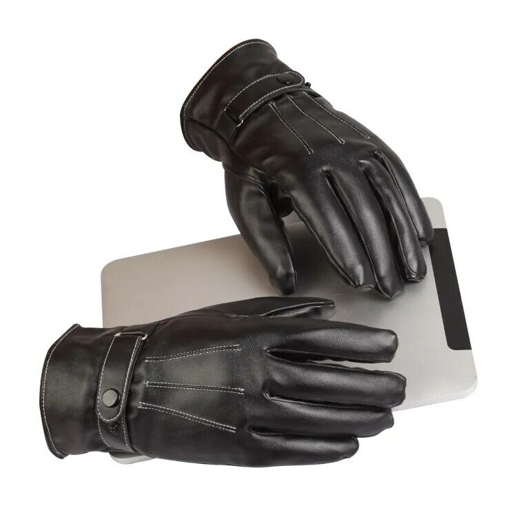 Теплые зимние кожаные перчатки для мужчин и женщин, бархатные теплые перчатки для езды на сенсорных экранах с тремя полосками, Черные Зимни...