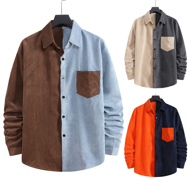 남성 셔츠 2021 봄과 가을 패션 브랜드 일본 스타일 빈티지 슬림 피트 코듀로이 셔츠 남성 캐주얼 슬림 셔츠 천 #3