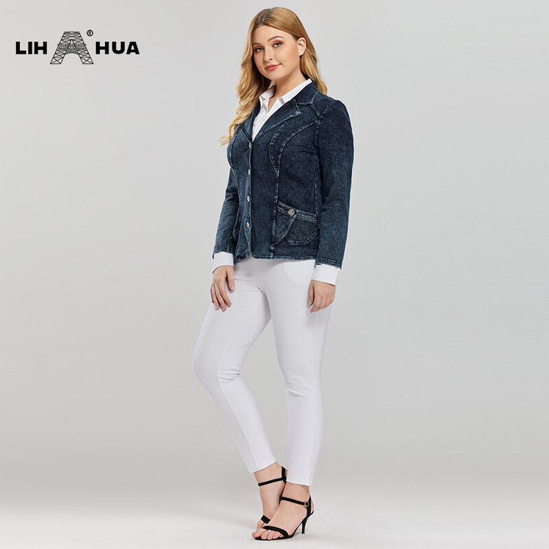 Lih hua vestuário feminino plus size, jaqueta jeans elástica tricotada slim fit para mulheres