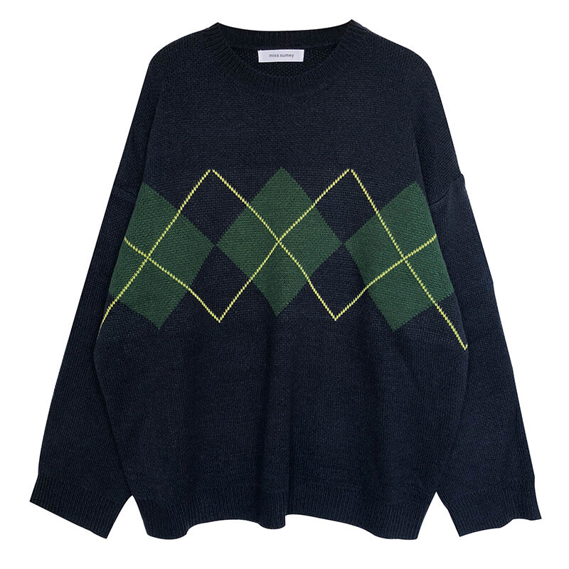 Sweter Motif Geometris Musim Gugur dan Musim Dingin Gaya Korea, Sweter Rajut Longgar Leher Bulat Besar, Sweter Wanita