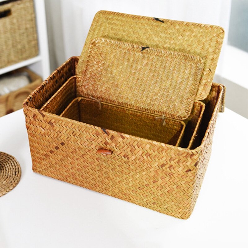 LBER Woven Wicker Storage Bins Basket Sets for Shelves, Set Of 3 Different Sizes, Multipurpose Container with Lid