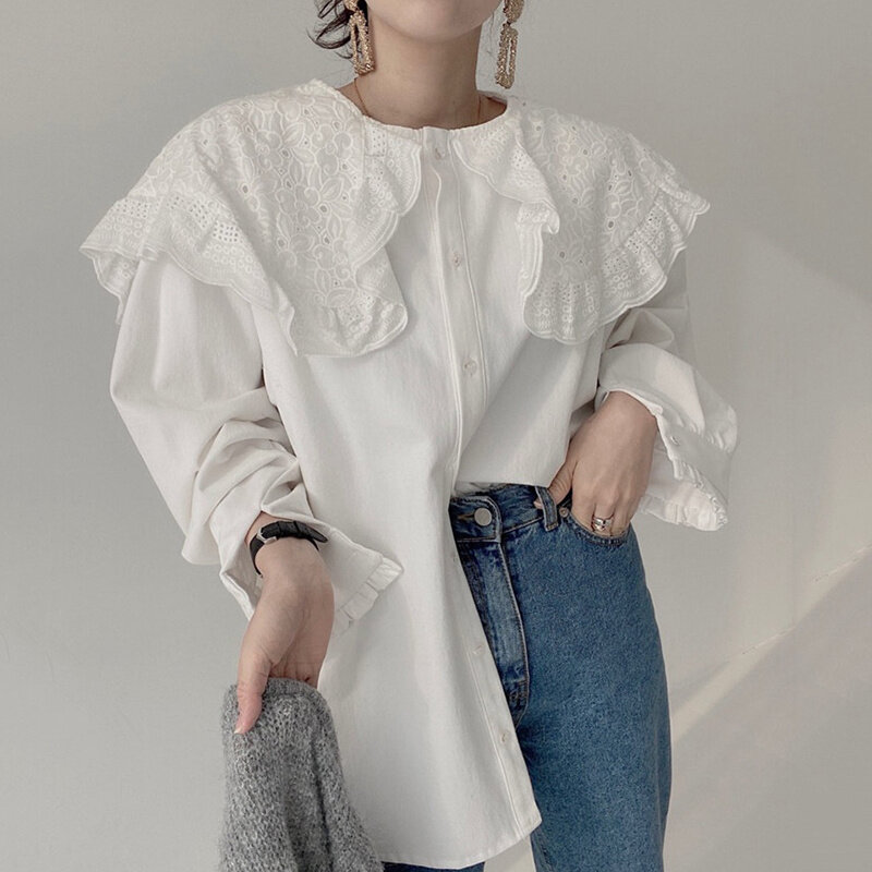 Coreano camisa longa chique início do outono francês pescoço bordado rendas costura solta único breasted manga