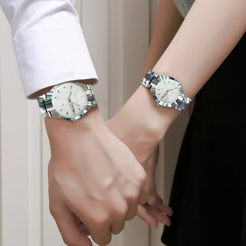Wlisth 남자 시계 텅스텐 강철 연인 로즈 여성 커플 시계 중국어-영어 캘린더 석영 시계 방수 커플 시계
