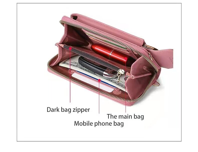 2021 새로운 숙 녀 휴대 전화 가방 한국어 버전 대용량 플립 지퍼 크로스 바디 더블 레이어 휴대 전화 가방
