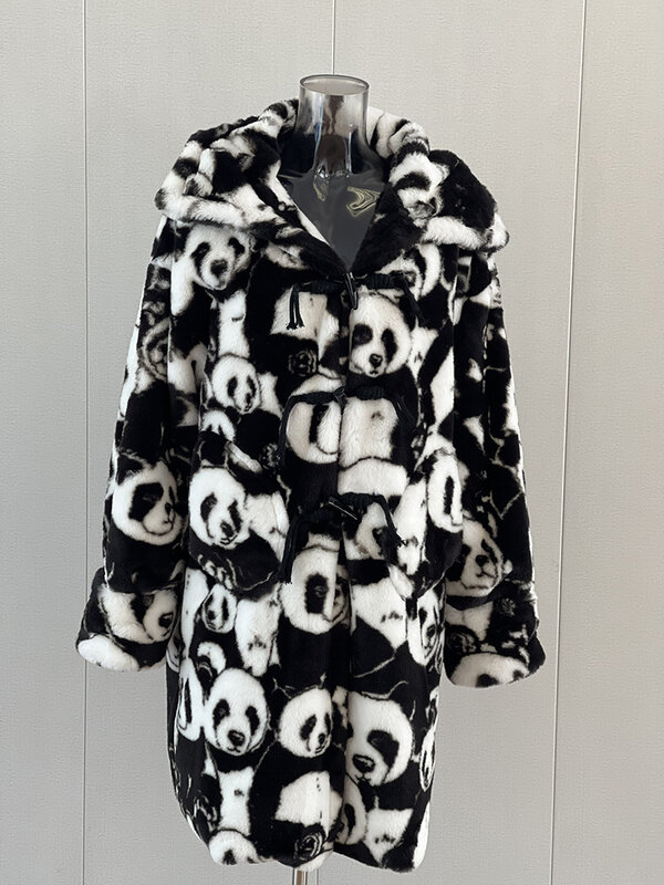 Amantes do inverno animal impressão imitação de pele de coelho casacos grossos com capuz seção longa masculino falso outwears outono casacos k1548